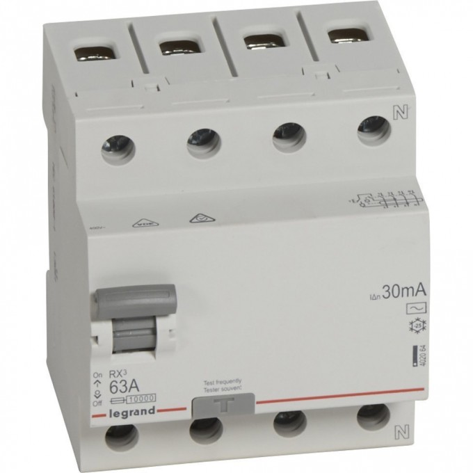 Выключатель дифференциального тока LEGRAND RX3 30мА 63А 4П тип AC белый 402064 Выключатель дифференциального тока LEGRAND RX3 30мА 63А 4П тип AC белый 402064